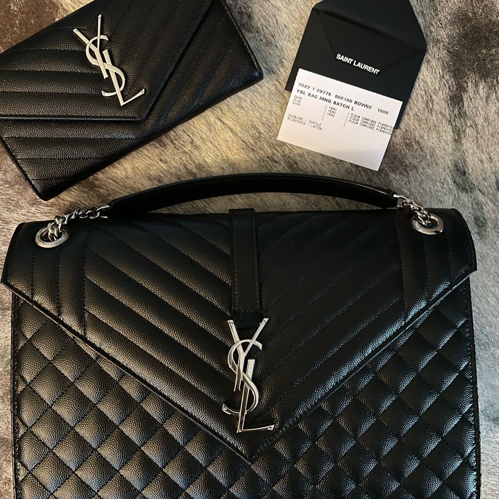 Large Saint Laurent Envelope Black Bag w/Silver Accents (Wallet SOLD/Purse only)